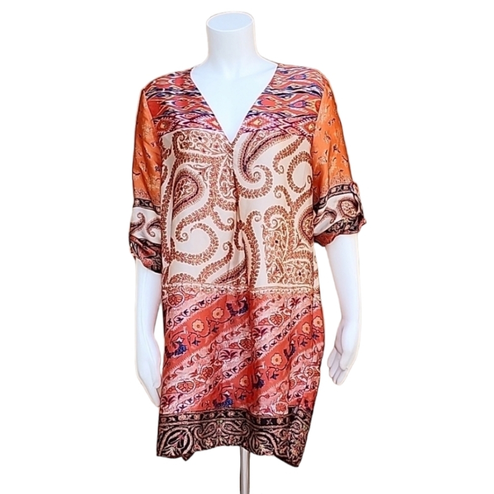 ZARA Paisley Tunic Top L Satin Blouse Orange Long Shirt Boho Convertible Sleeves - Picture 2 of 15